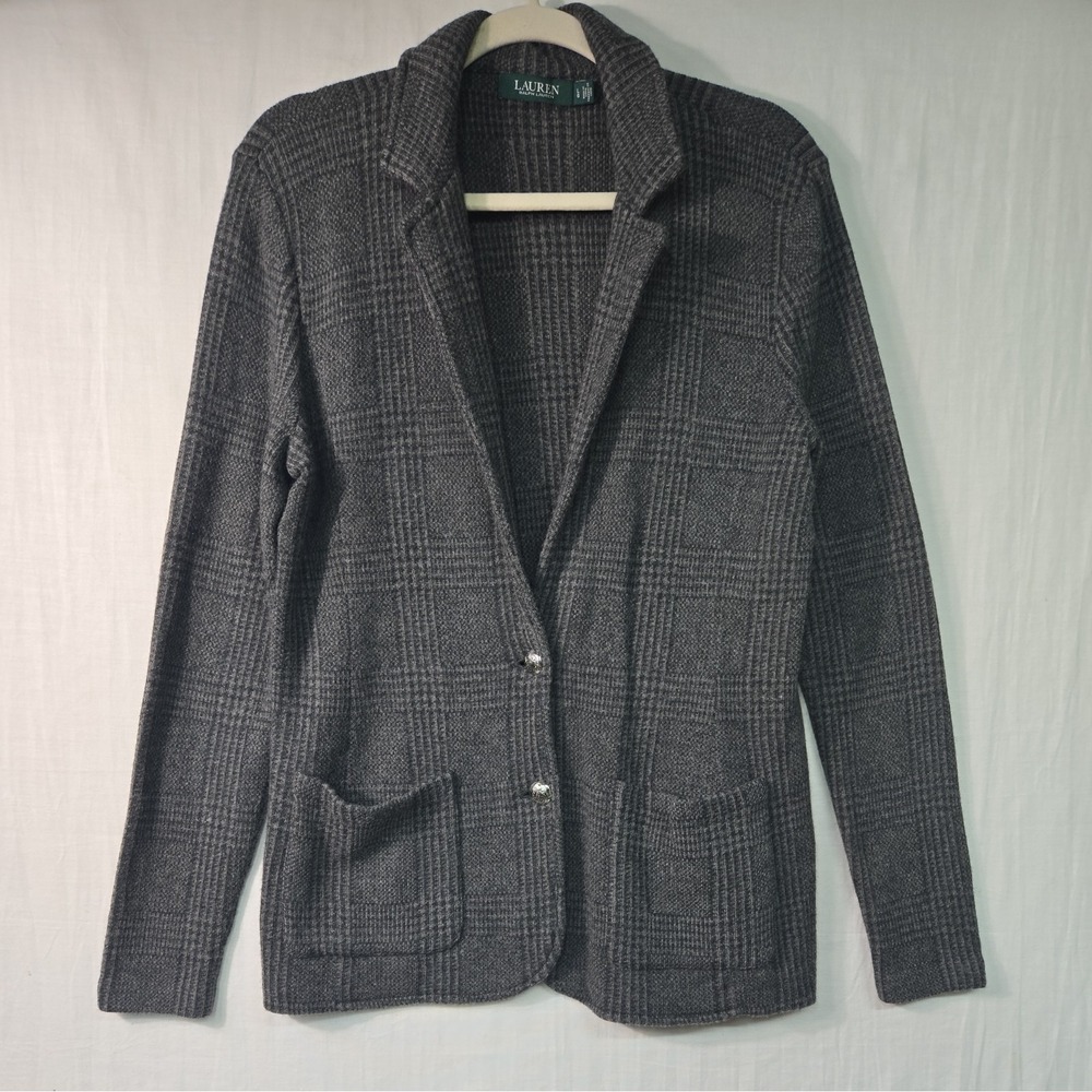 VTG‎ Women's L 2 Button Front Cardigan Glen Plaid Wool Cashmere Blend Pockets